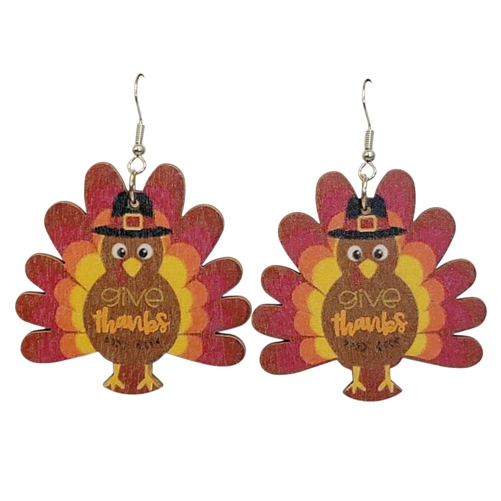 Thanksgiving Turkey Dangle Earrings Brown Orange Yellow Red Wooden Fall Autumn
